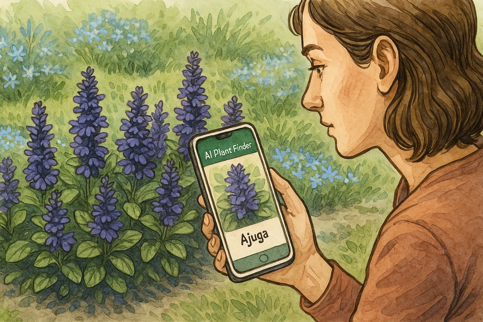 A woman identifies Ajuga via AI Plant Finder.