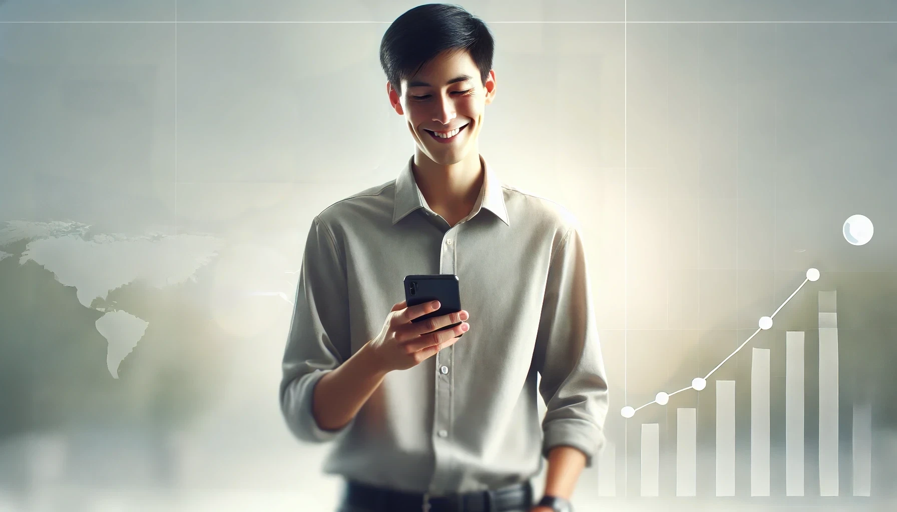 A young marketer is standing confidently with a smartphone in hand, smiling as if he has just launched a successful viral campaign.