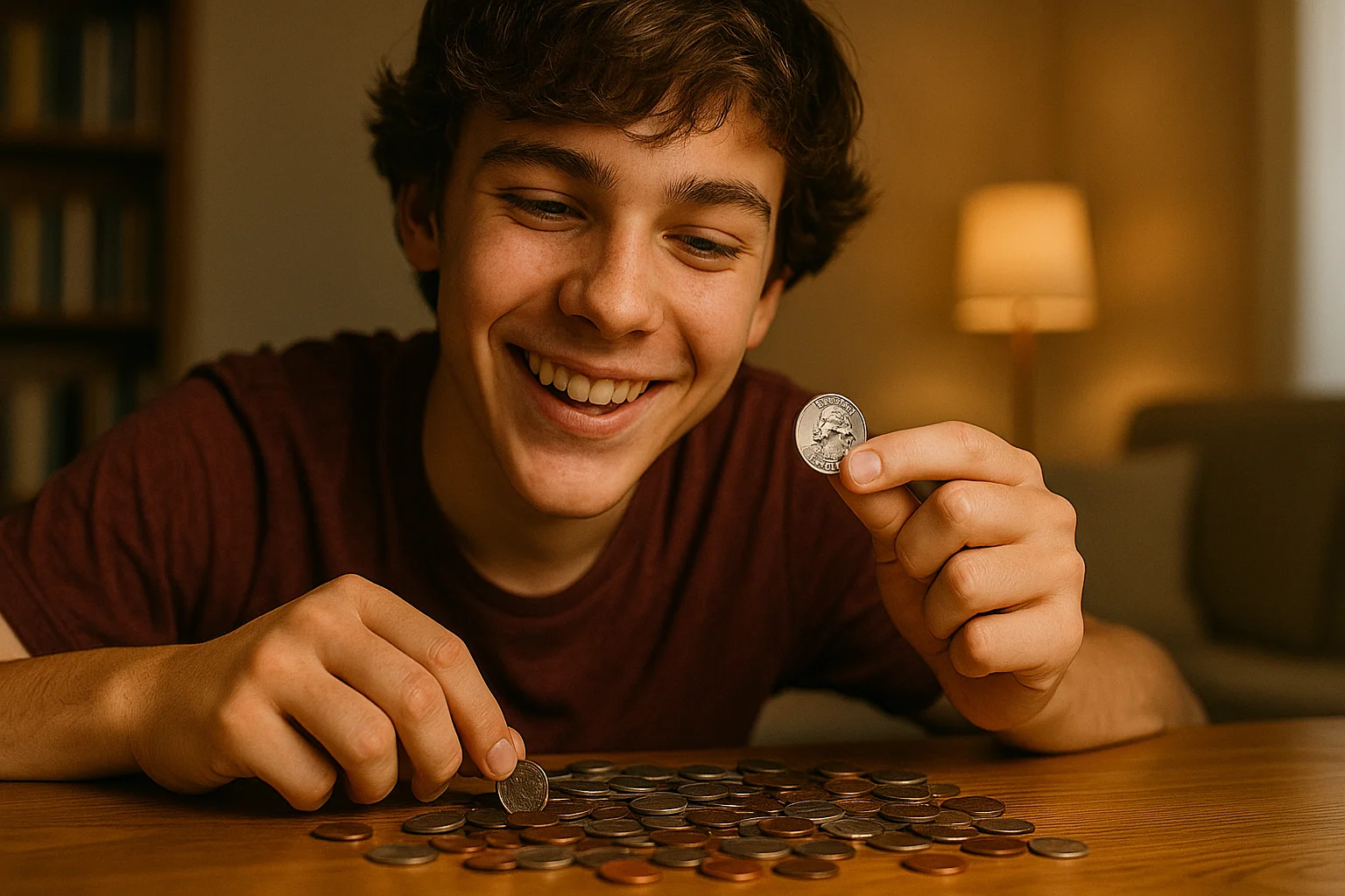 A smiling teenager discovers a shiny 2020 Bat Quarter among a pile of coins.