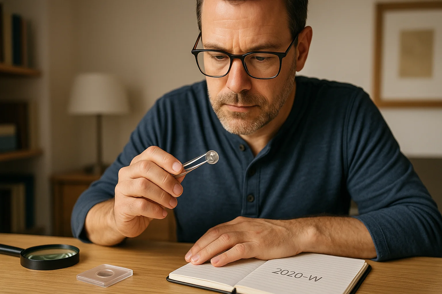middle-aged man examines a 2020-W Bat Quarter, noting its details.