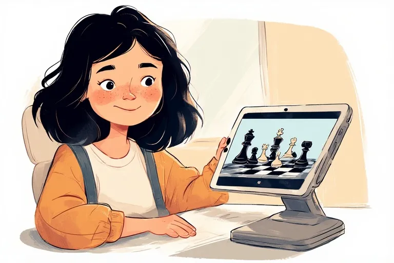 There is a tablet on the table with the chess app open and the girl is looking at the screen