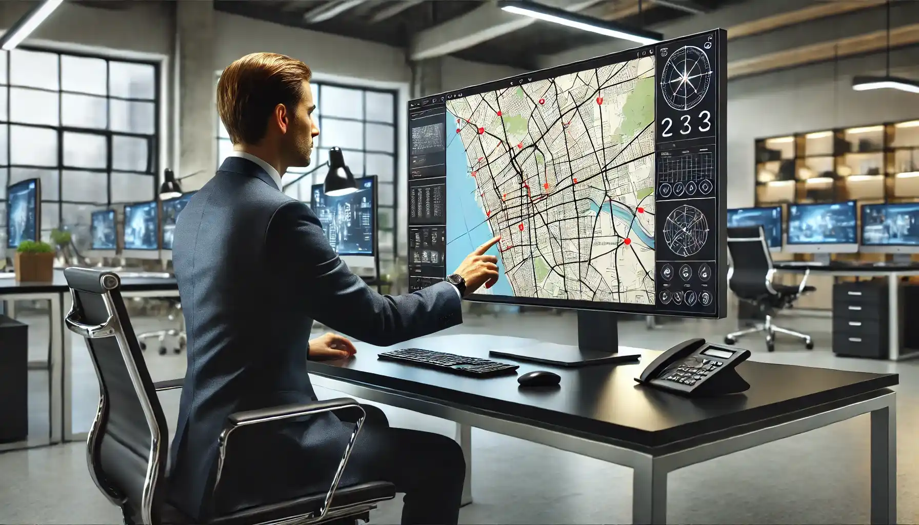 A professional is working in a modern office, analyzing a digital map and geo-positions of workers displayed on a large computer monitor.