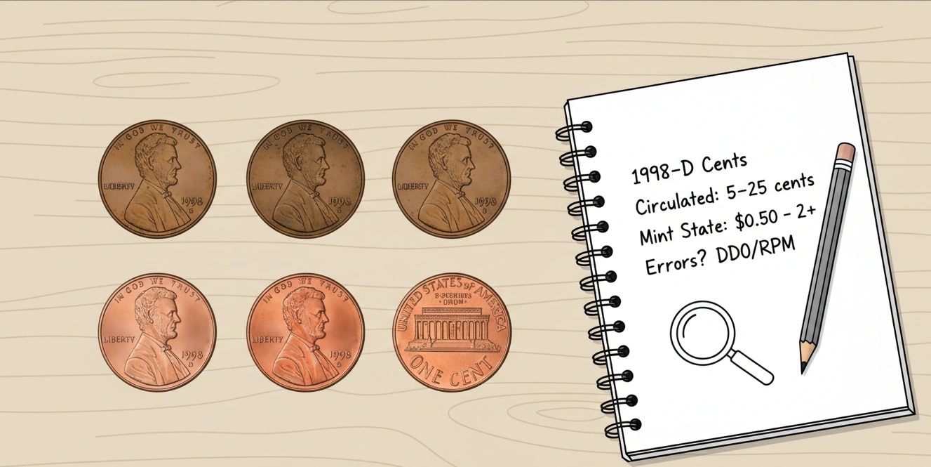 A desk scene with multiple 1998 D pennies arranged in rows for close inspection