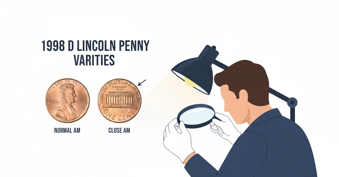 A collector comparing two 1998 D Lincoln pennies under magnification