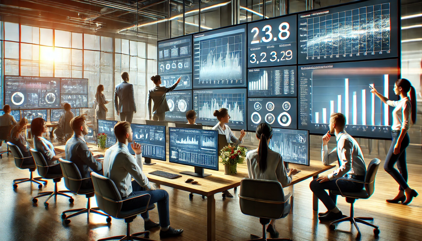 a team of marketing professionals in a modern office setting, analyzing data on multiple screens. 